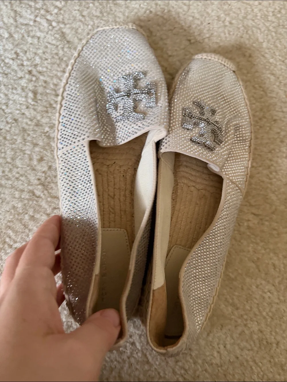 Tory Burch Everly Suede Espadrille Cream Suede w/Silver Sequins size 9 worn 1x